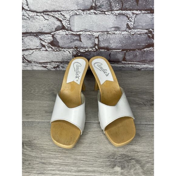 Candie's White Leather Platform Wooden Heel Sandals Women Sz 8M US/39EU Y2K 90’s - Picture 14 of 16